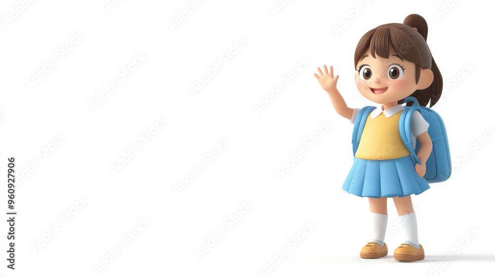 A sweet 3D cartoon of a schoolgirl with a backpack on a white background, waving A sweet 3D cartoon of a schoolgirl with a backpack on a white background, waving