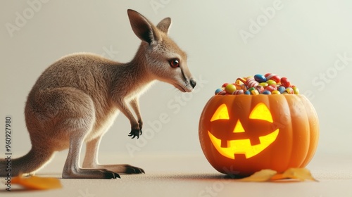 A 3D illustration of a kangaroo curiously looking into a jack-o-lantern filled with candy, minimalist on a white isolated background