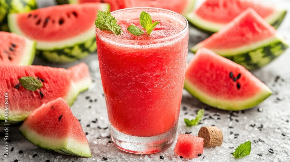 A tall glass of refreshing watermelon smoothie with fresh mint leaves, surrounded by watermelon slices on a textured surface. A tall glass of refreshing watermelon smoothie with fresh mint leaves, surrounded by watermelon slices on a textured surface.