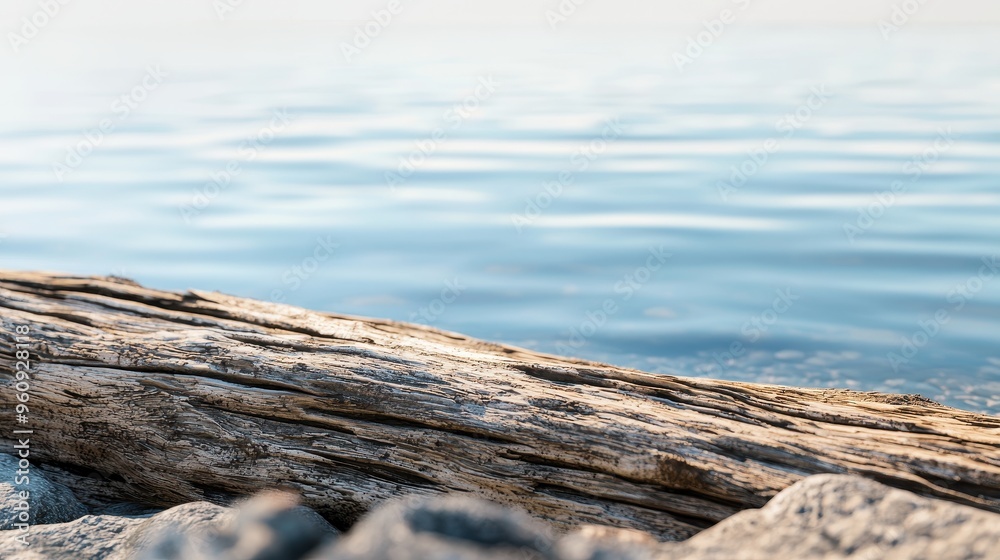 Weathered Driftwood on Rocky Beach with Blue Water Weathered Driftwood on Rocky Beach with Blue Water