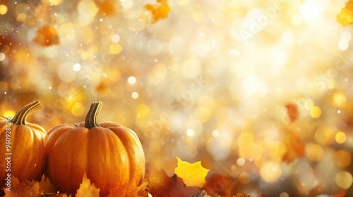 Bright orange pumpkins rest on a surface surrounded by warm bokeh lights and autumn leaves, creating a festive atmosphere