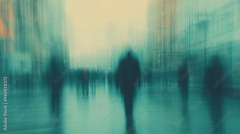 A crowded urban street filled with blurred figures of commuters in motion during the morning rush hour A crowded urban street filled with blurred figures of commuters in motion during the morning rush hour