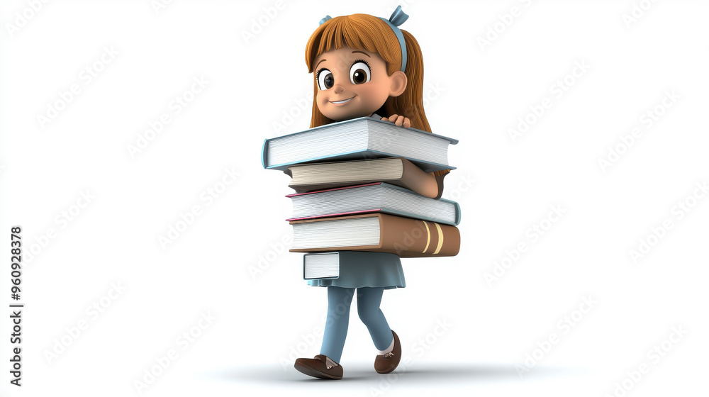 Adorable 3D cartoon schoolgirl carrying a large stack of books, with a white background Adorable 3D cartoon schoolgirl carrying a large stack of books, with a white background