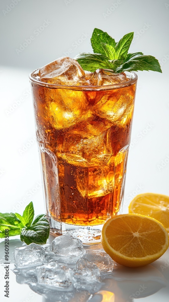 Refreshing iced tea with lemon and mint in a tall glass with ice cubes. Refreshing iced tea with lemon and mint in a tall glass with ice cubes.