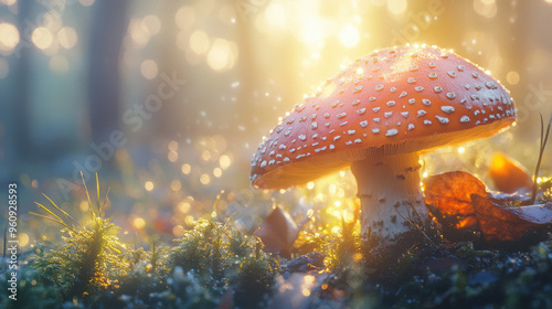 Beautiful mushroom with dewdrops, surrounded by soft light rays, capturing every