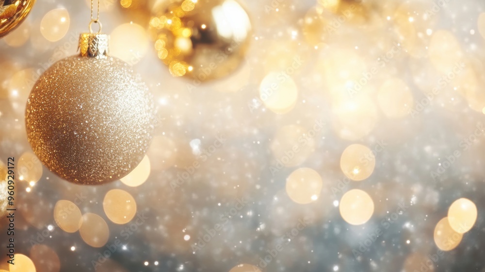 A beautiful Christmas card mockup displays golden ornaments against a sparkling background filled with soft, glowing bokeh lights A beautiful Christmas card mockup displays golden ornaments against a sparkling background filled with soft, glowing bokeh lights