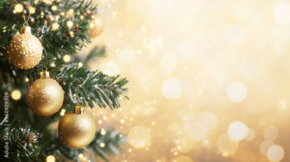 Sparkling gold ornaments hang from the lush branches of a Christmas tree, illuminated by soft bokeh lights in the background Sparkling gold ornaments hang from the lush branches of a Christmas tree, illuminated by soft bokeh lights in the background