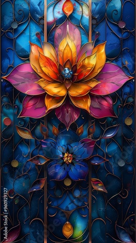 Vibrant Stained Glass Artwork Featuring Colorful Floral Designs with Intricate Patterns and Rich Blue Background