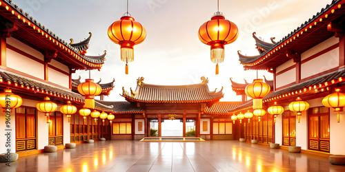 Glossy Temple Courtyard Illuminated by Lanterns for Mid Autumn Festival - Capturing the Peaceful and Reflective Atmosphere with Soft Lighting Enhancing Details of the Temple. Wide Shot Focus on the Sa