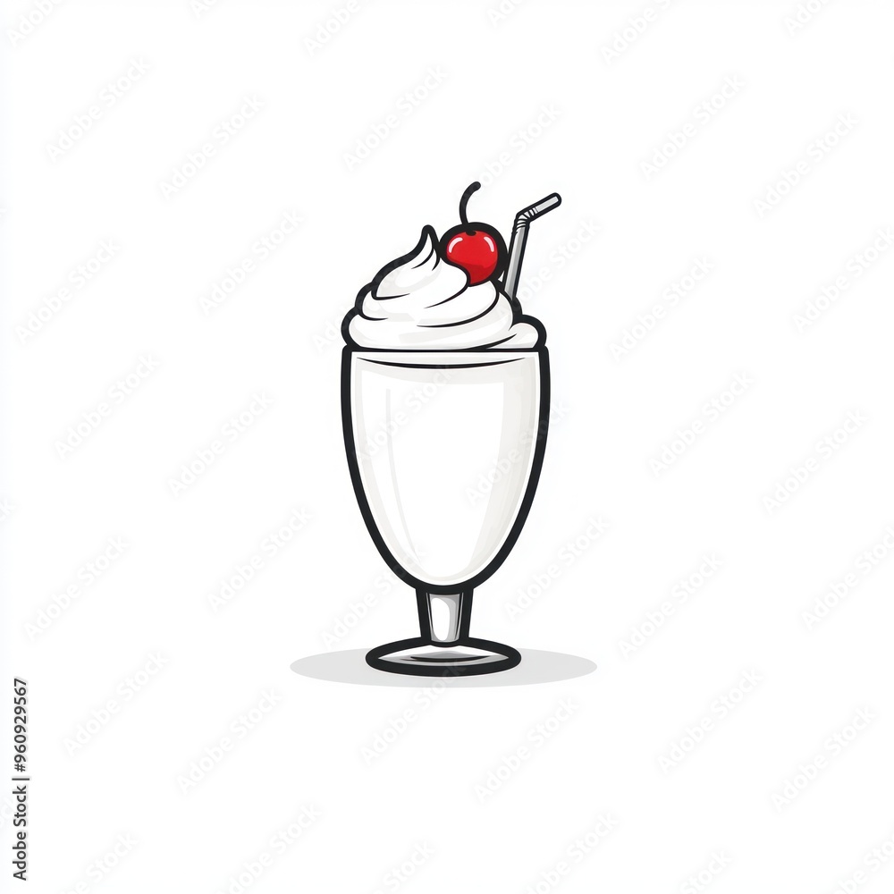 A cartoon illustration of a milkshake in a glass with whipped cream, a cherry, and a straw. A cartoon illustration of a milkshake in a glass with whipped cream, a cherry, and a straw.