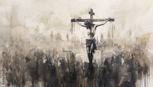 A striking watercolor painting of Jesus crucified, towering over a faded cityscape, invoking deep reflection on sacrifice and redemption.