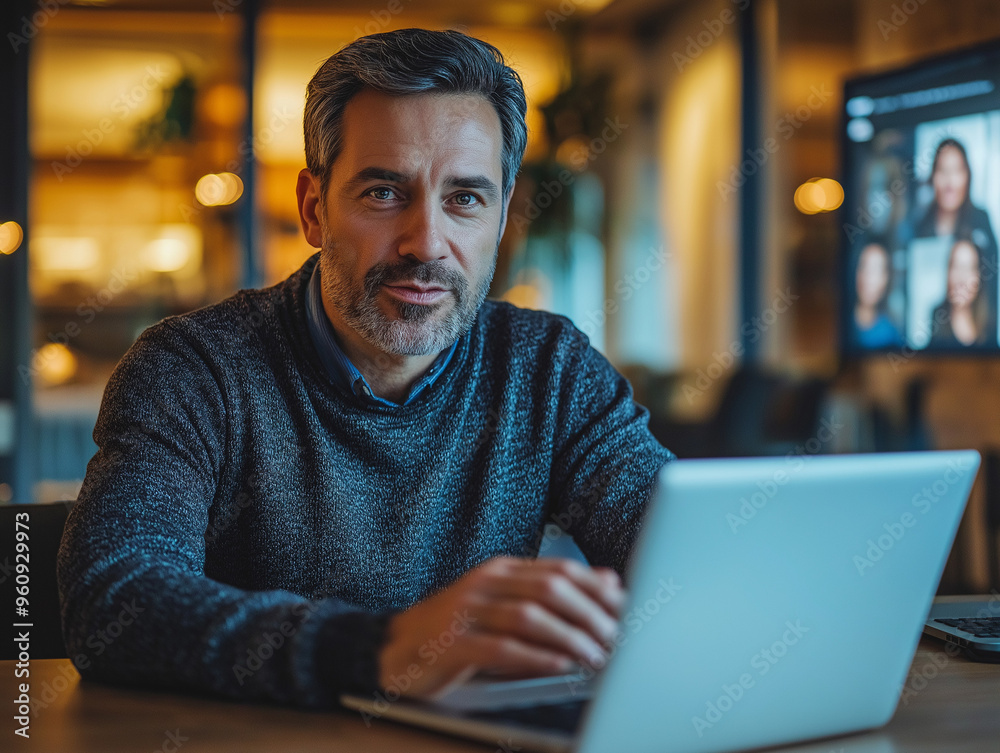 A team leader conducting a video conference call with remote team members, sitting at a conference table with a laptop and speaking confidently, while the video call is displayed on a large screen A team leader conducting a video conference call with remote team members, sitting at a conference table with a laptop and speaking confidently, while the video call is displayed on a large screen