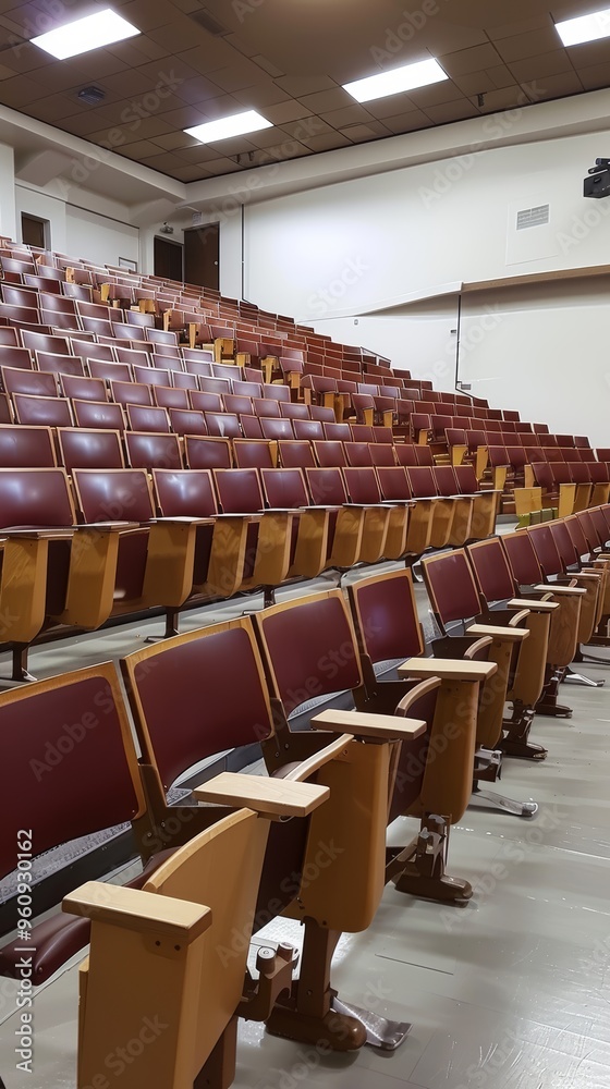 Fototapeta premium Modern University Lecture Hall with Rows of Empty Seats and Wooden Desks in Academic Building