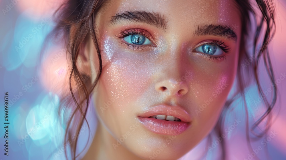 Close-up Portrait of a Young Woman with Sparkling Makeup and Bright Blue Eyes in Soft Pastel Lighting Close-up Portrait of a Young Woman with Sparkling Makeup and Bright Blue Eyes in Soft Pastel Lighting