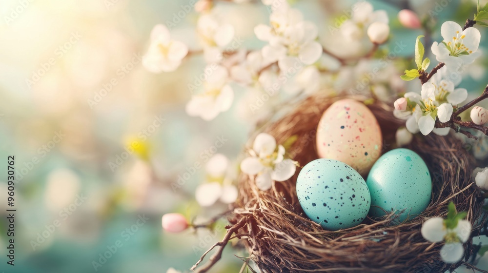 Delicate Easter eggs, intricately painted, are nestled in a natural nest adorned with blooming spring flowers in soft light Delicate Easter eggs, intricately painted, are nestled in a natural nest adorned with blooming spring flowers in soft light