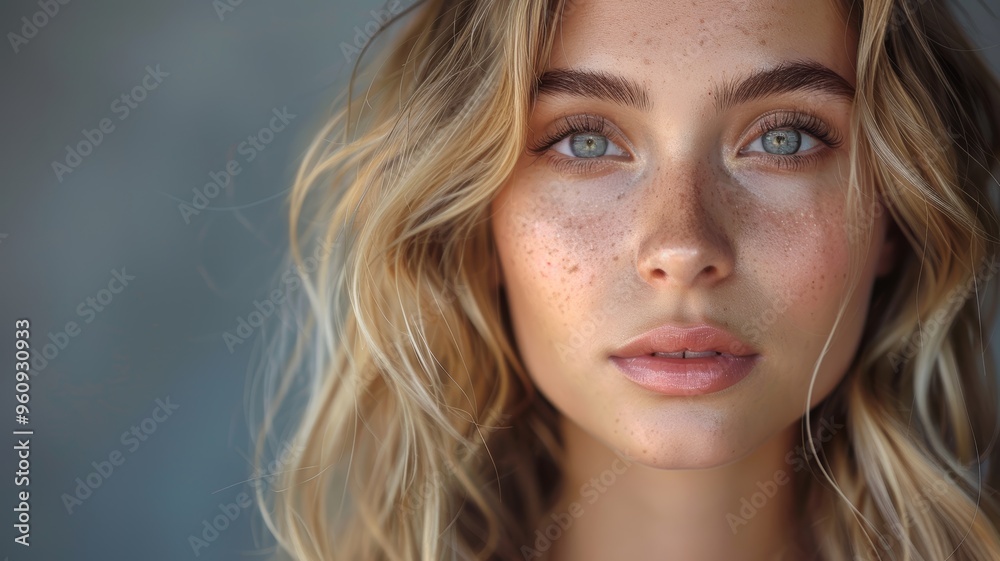 Close-Up Portrait of a Young Woman with Freckles and Wavy Blonde Hair Against a Soft Gray Background Close-Up Portrait of a Young Woman with Freckles and Wavy Blonde Hair Against a Soft Gray Background