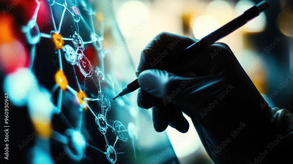 Close-up of a hand sketching molecular structures on glass, symbolizing the Close-up of a hand sketching molecular structures on glass, symbolizing the