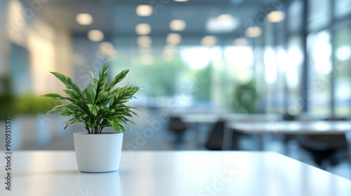 Beautiful blurred background of an empty modern office interior with panoramic windows and white tables