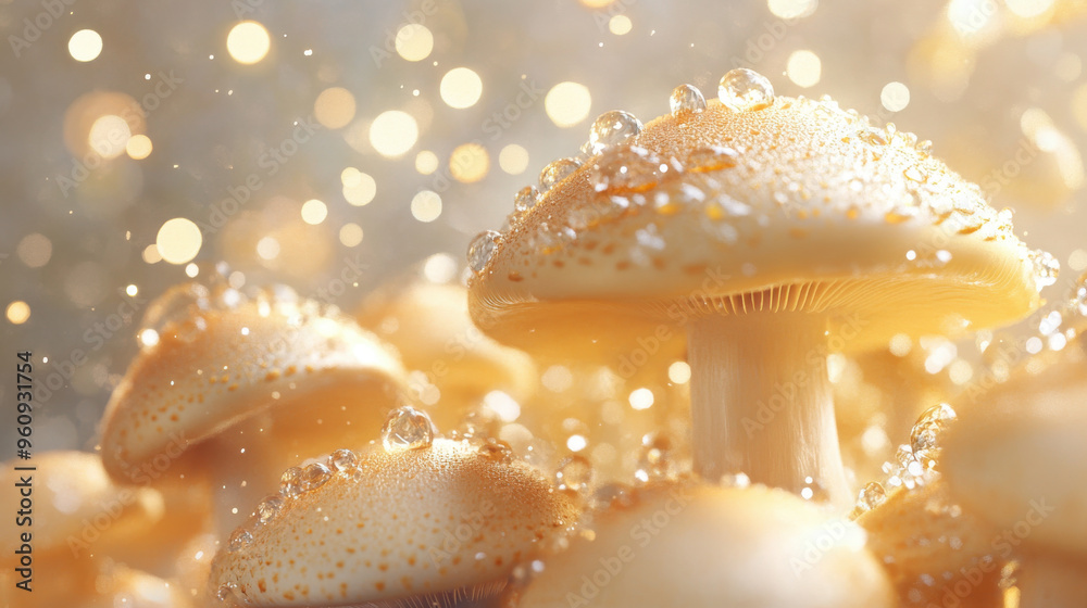 Close-up of champagne mushrooms with sparkling water droplets, illuminated by a soft Close-up of champagne mushrooms with sparkling water droplets, illuminated by a soft