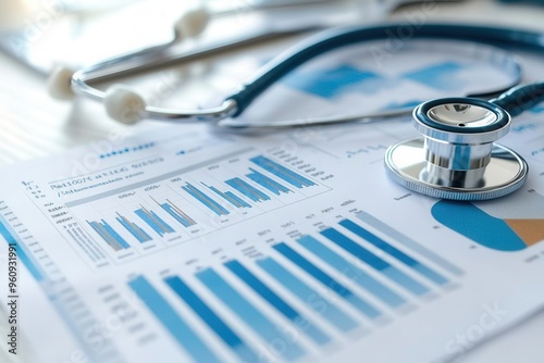 Close-up of a healthcare business report with charts and graphs on financial growth, symbolizing industry analysis, photo-realistic photo
