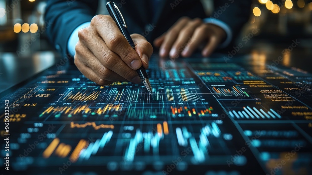 Naklejka premium Businessman analyzing financial data on a digital tablet with a pen.