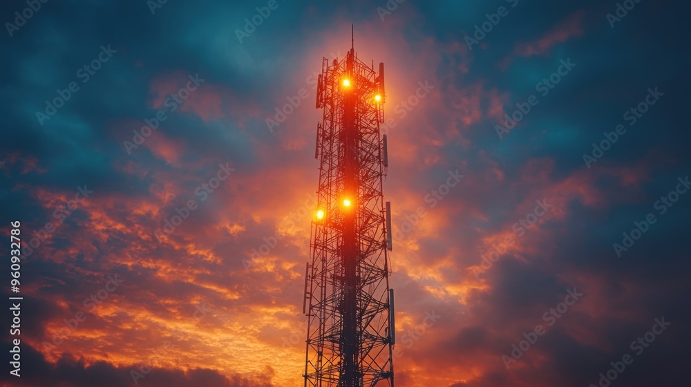 Tall radio tower with red lights against a dramatic sunset sky. Tall radio tower with red lights against a dramatic sunset sky.