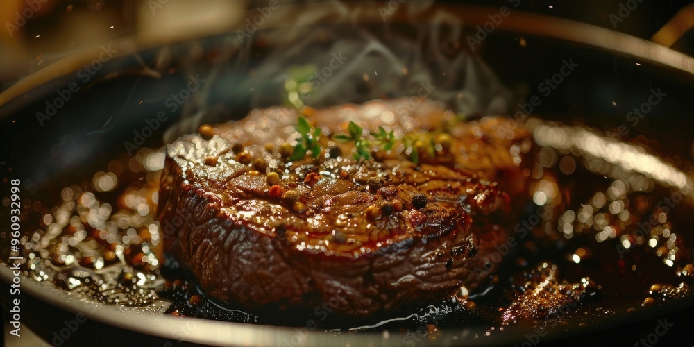 Fototapeta premium A juicy, mature beef steak sizzling in a skillet, with flavorful beef fat embodying a vibrant culinary essence.
