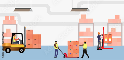 warehouse employees pull a load of logistics at the goods warehouse, forklift truck loads goods, hand stacker forklift, Manual Hand Fork Lifter, warehouse activity