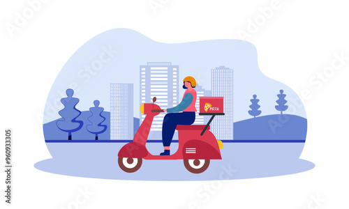MobileCartoon pizza courier carries pizza on scooter. Pizzeria concept
