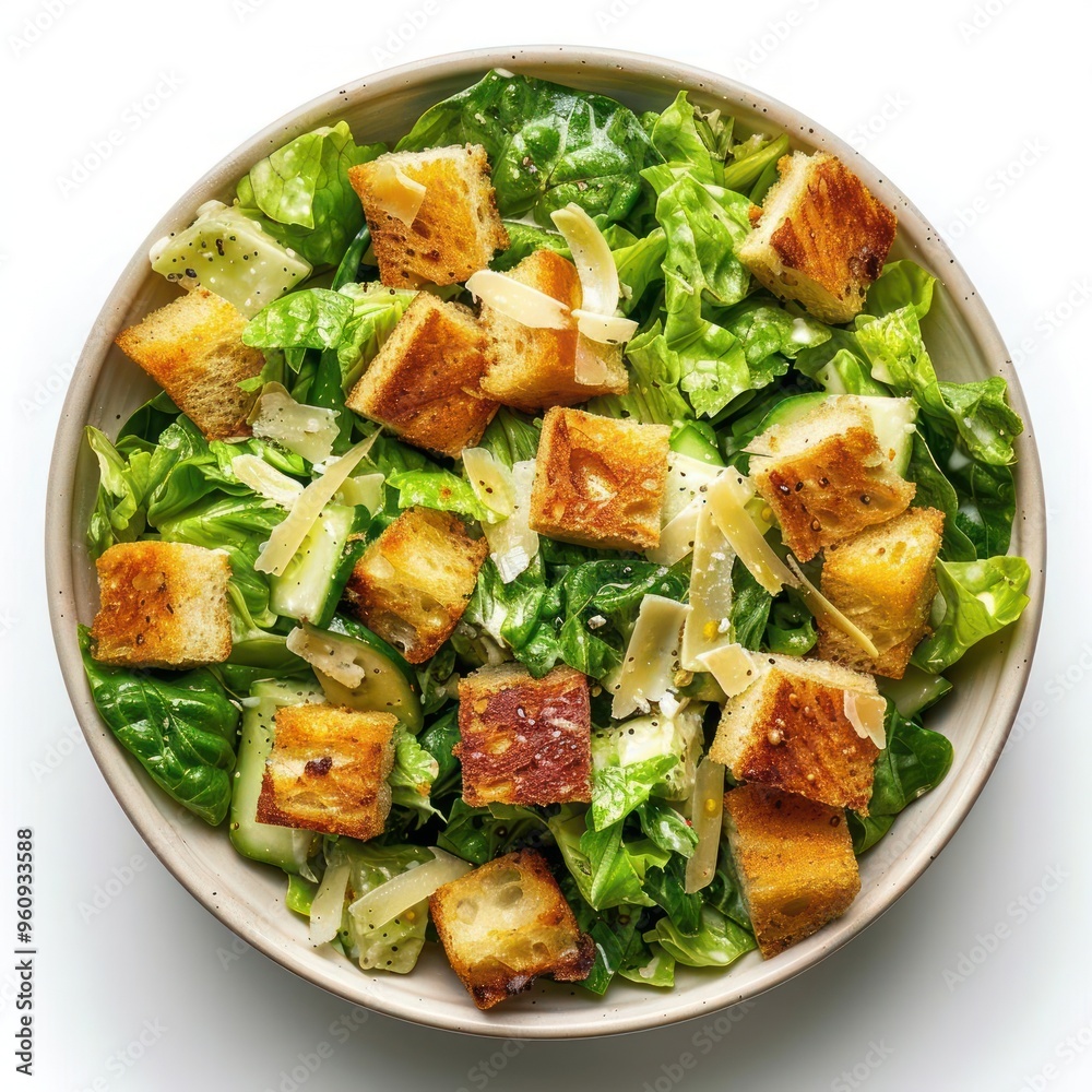 A dish of fresh salad topped with crispy, grated cheese and crusty bread
