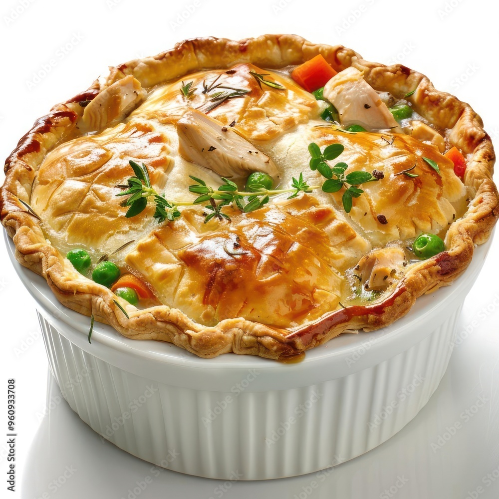A delicious looking chicken pot pie with a flaky crust in a white dish A delicious looking chicken pot pie with a flaky crust in a white dish