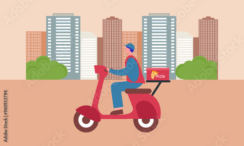 MobileCartoon pizza courier carries pizza on scooter. Pizzeria concept