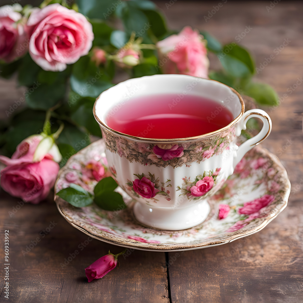 Exquisite floral tea set with vibrant rose tea. Exquisite floral tea set with vibrant rose tea.