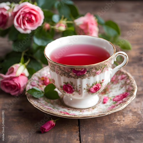 Exquisite floral tea set with vibrant rose tea.