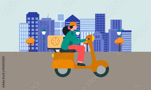 MobileCartoon pizza courier carries pizza on scooter. Pizzeria concept