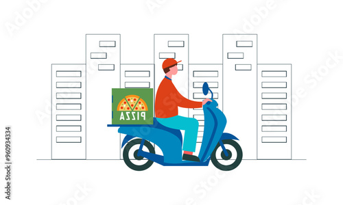MobileCartoon pizza courier carries pizza on scooter. Pizzeria concept