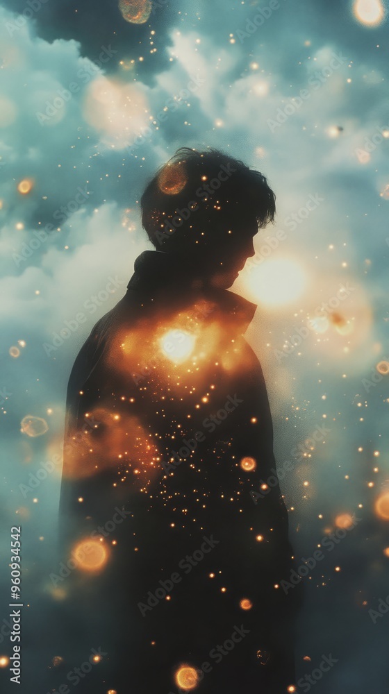 Obraz premium A ghostly person in the clouds, experimental dark aesthetic style polaroid, dizzy effect