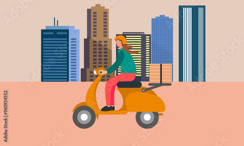 MobileCartoon pizza courier carries pizza on scooter. Pizzeria concept