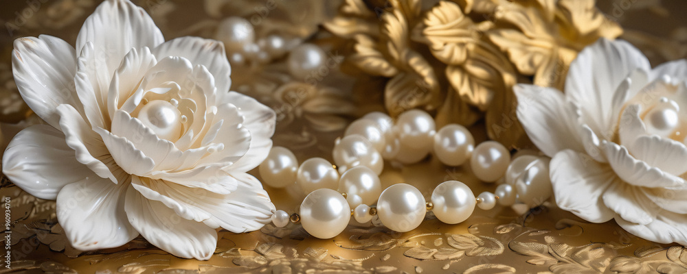 Elegant Pearl Necklace and White Flowers on a Gold Background Elegant Pearl Necklace and White Flowers on a Gold Background