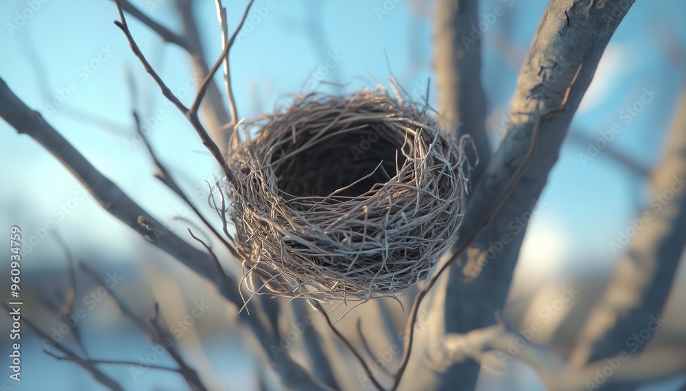 twig animal nest in tree new born house habitat with blue sky blurred background twig animal nest in tree new born house habitat with blue sky blurred background