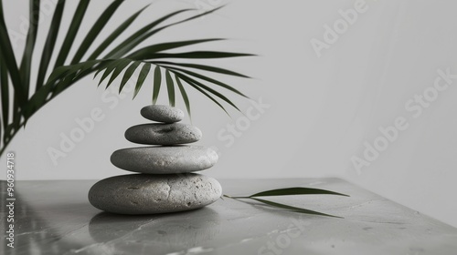 Stacked stones and palm leaf on light gray background for minimal product presentation.
