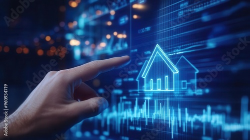 Male finger touches a virtual graph showing real estate market growth, home investment concept, advanced financial analysis, photo-realistic details