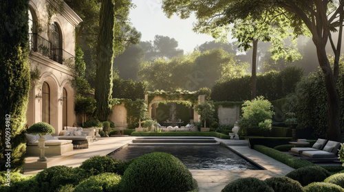 High-class magazine layout with lavish interiors and serene garden images, text