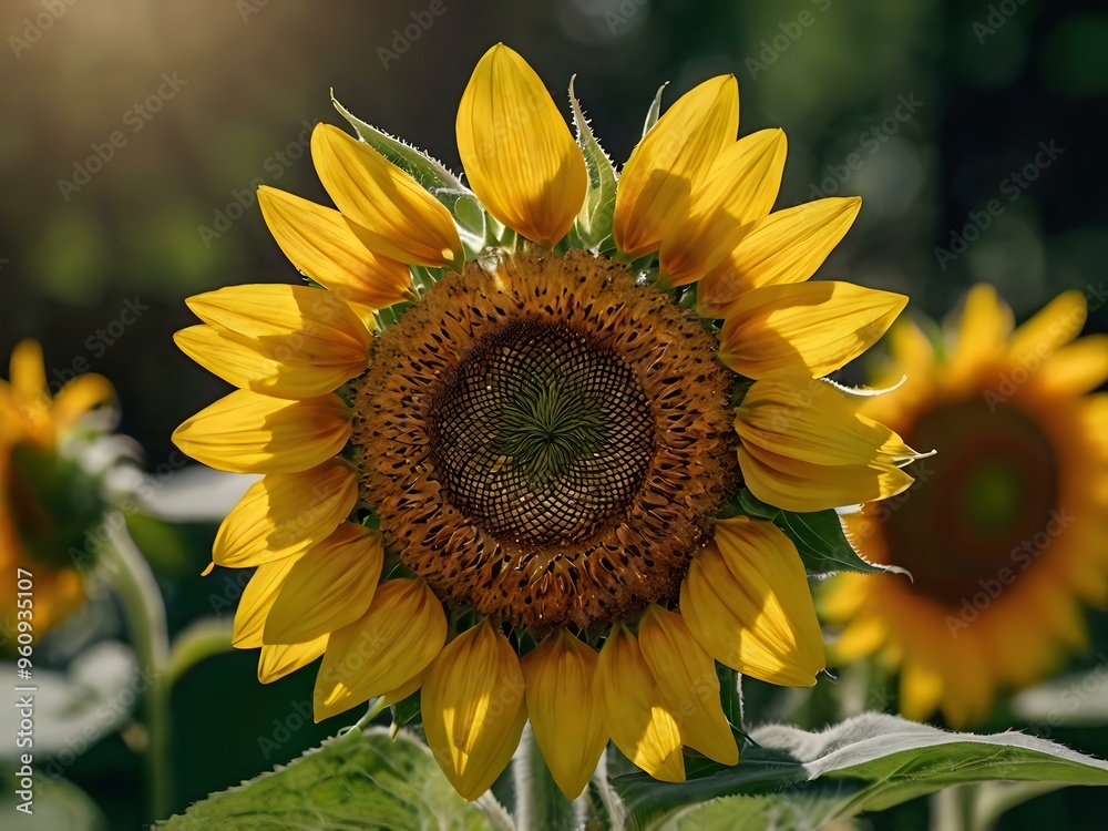 Naklejka premium beautiful sunflowers in close up shot during a clear day