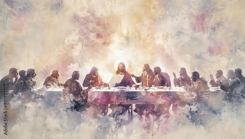 A vivid watercolor interpretation of The Last Supper, showcasing vibrant colors and abstract forms, blending tradition with a modern artistic twist.