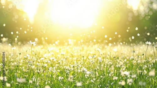 Sunny Meadow with White Flowers and Bokeh Background