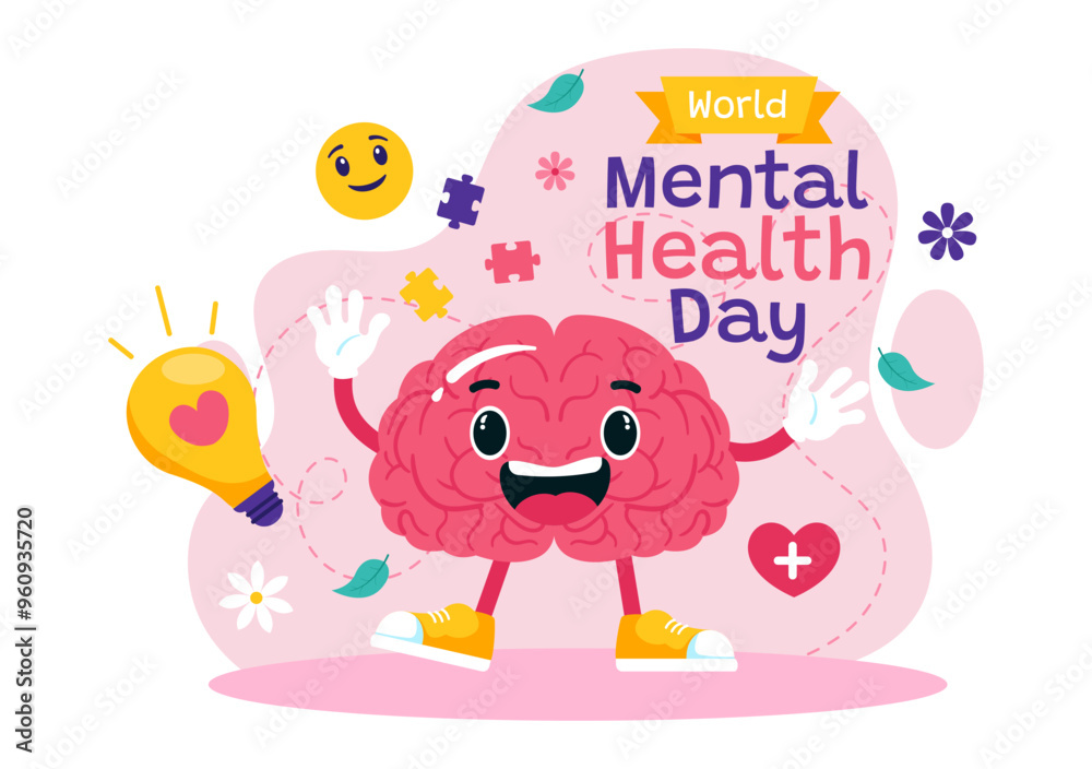 Fototapeta premium World Mental Health Day Vector Illustration on October 10 featuring Mental Health Awareness a Symbol with the Brain and Flowers in a Flat Background