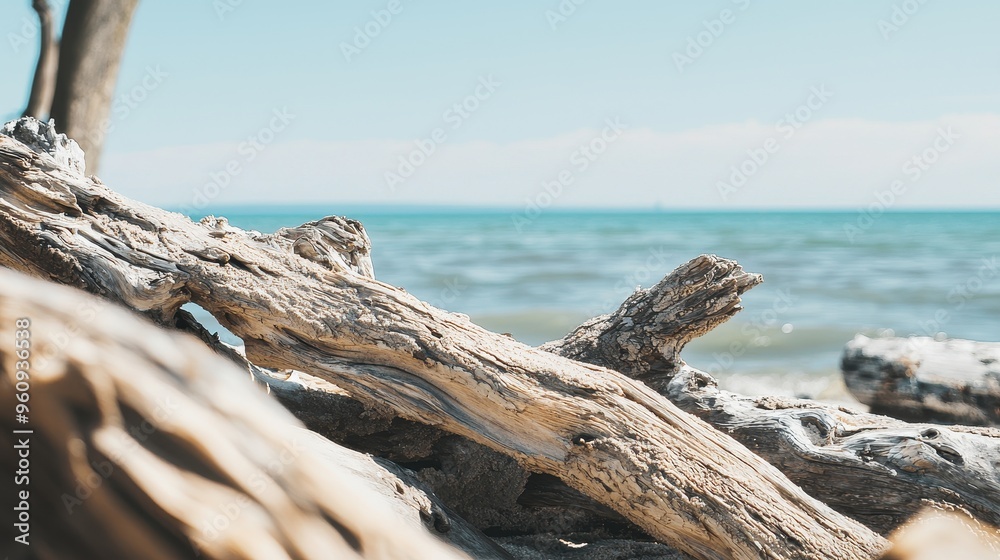 Driftwood on Beach with Ocean Background Driftwood on Beach with Ocean Background