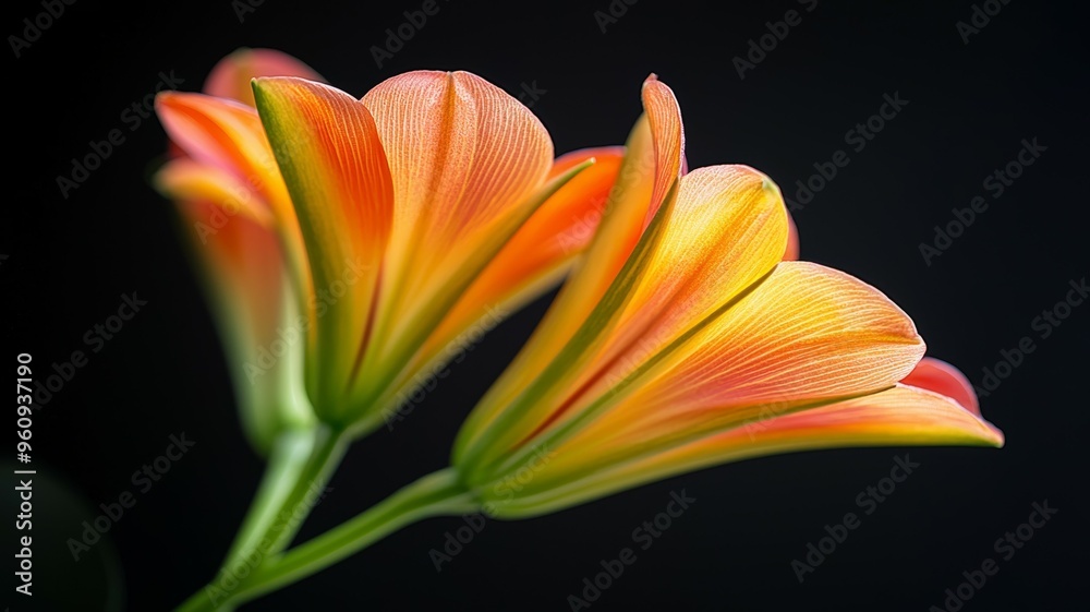A close up of two orange flowers with green stems A close up of two orange flowers with green stems