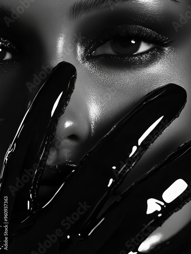 Close up of Black woman face, kink, black glove, plastic glove, shiny, dark, moody, black eye makeup, face covered, hand across face, eye looking through hand